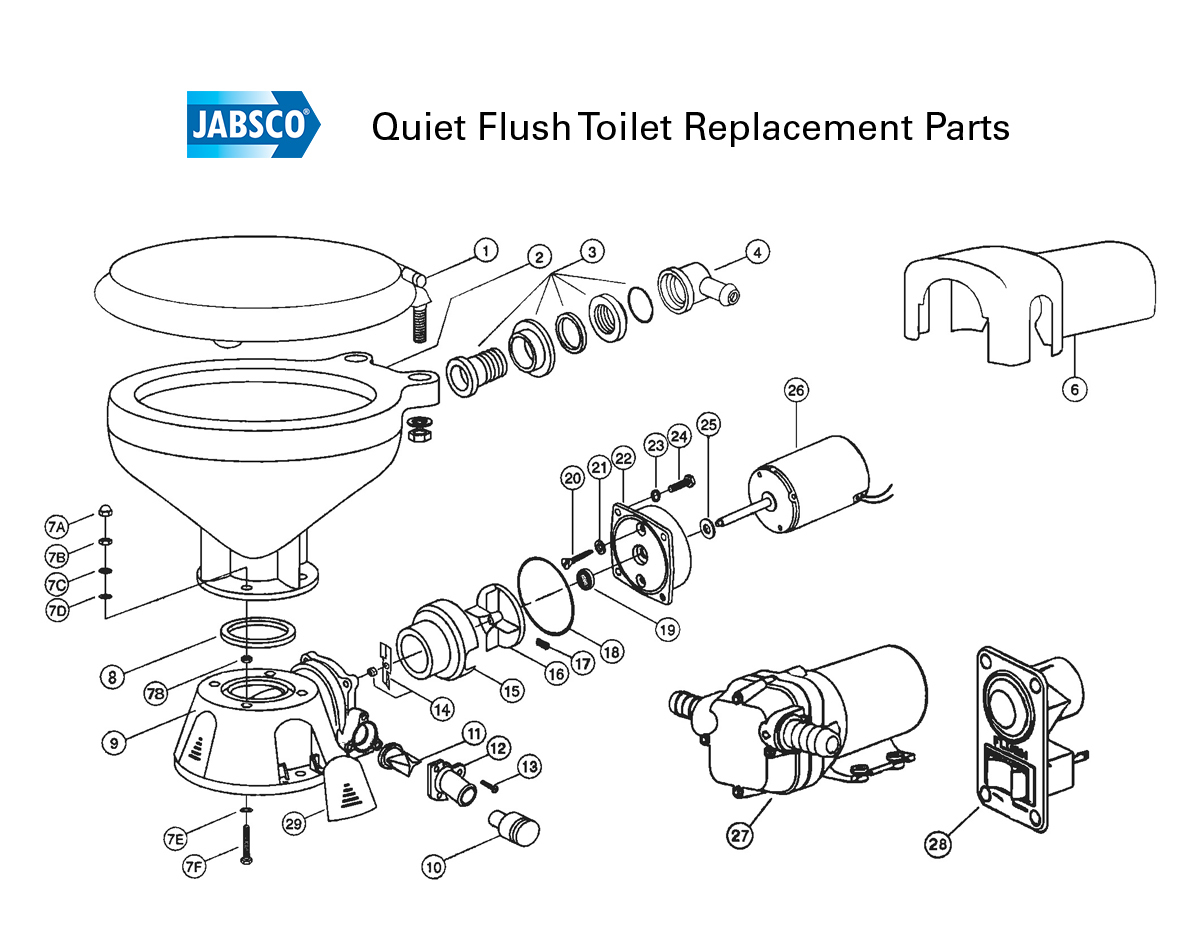 Quiet Flush Electric Toilets - Parts #6 and #14 to #26 on exploded diagram