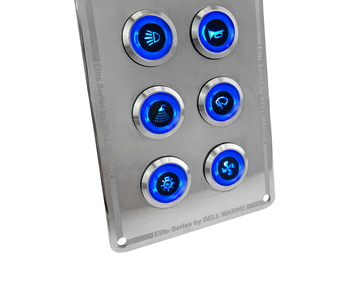 Blue LED ON/OFF actuation switches with labels