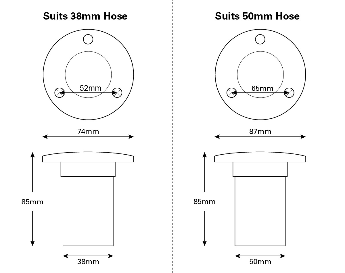 Dimensions (suits 38mm or 50mm hose)