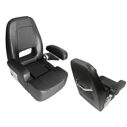 HM57 Flip-Up Boat Seat with Back Handle Black Smooth / Black Carbon