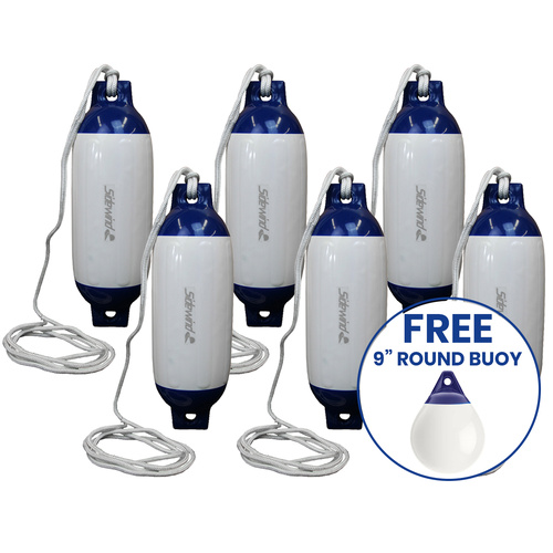 Boat Fender R20 White/Blue with Lanyard 507x140mm 6 Pack + FREE Buoy