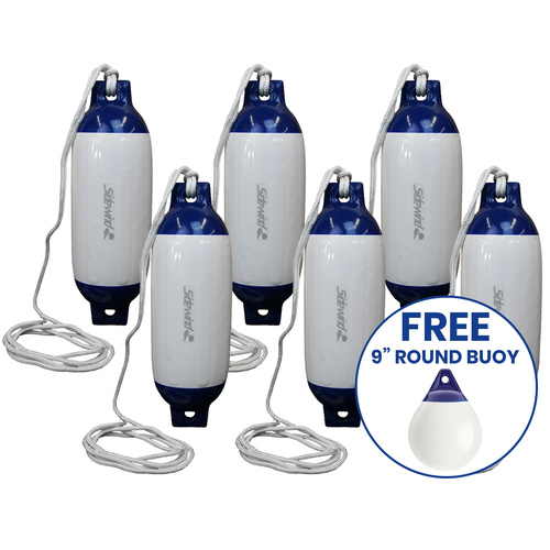 Boat Fender R30 White/Blue with Lanyard 585x165mm 6 Pack + FREE Buoy