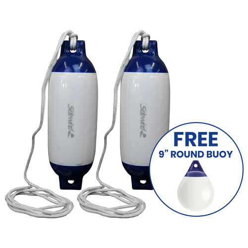 Boat Fender R40 White/Blue with Lanyard 685x215mm 2 Pack + FREE Buoy